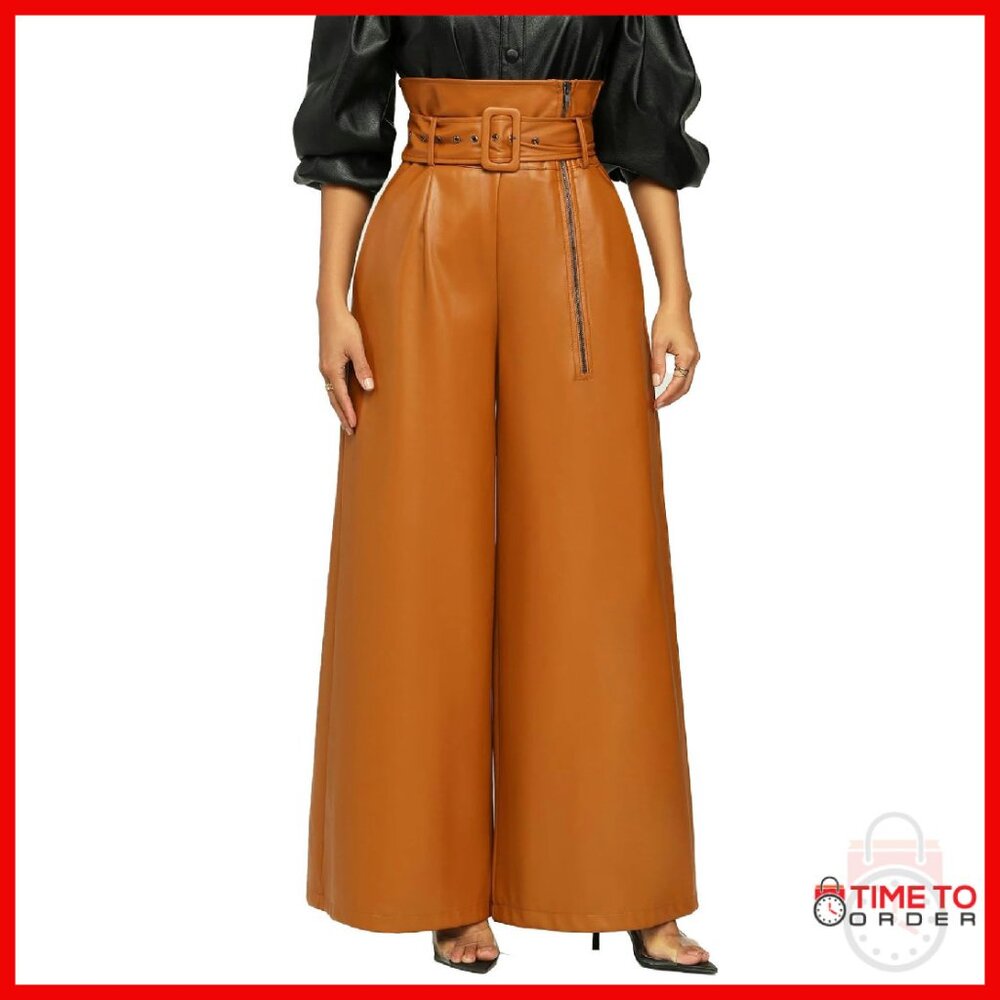 High Waisted Faux Leather Wide Leg Pants With Belt Straight Leg Trousers